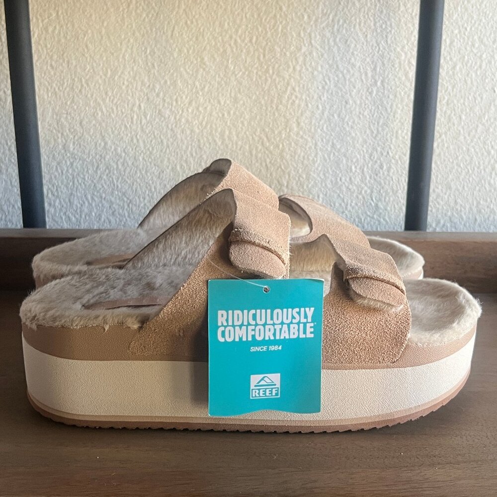REEF Ojai Ciara Platform Two-Strap Sandals w/ Faux Shearling Sz.9/40 NEW - Picture 2 of 9